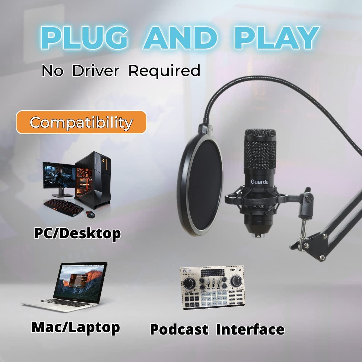 Studio Condenser USB Microphone Computer PC Microphone Kit with Adjustable Scissor Arm Stand Shock Mount, for PC Computer Recording Podcasting Youtube Karaoke Gaming Streaming Teaching Guarda GD100